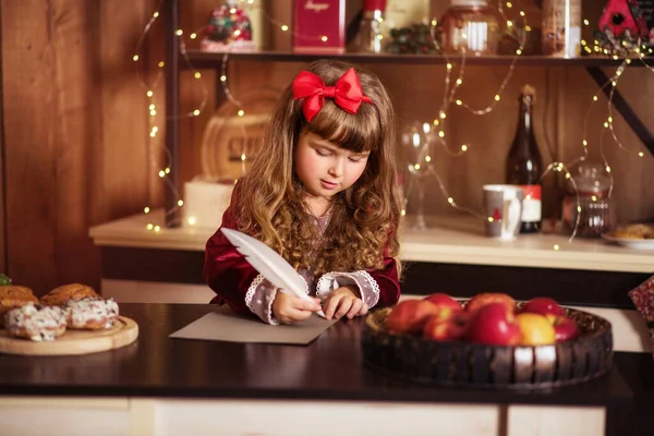 Little Girl Writes Letter Santa Claus Child Christmas Tree Happy — Stock Photo, Image