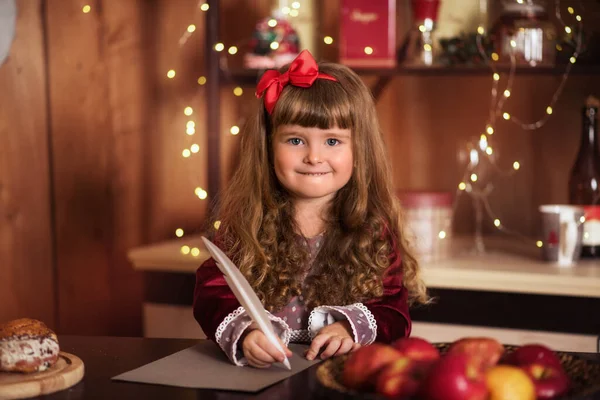 Little Girl Writes Letter Santa Claus Child Christmas Tree Happy — Stock Photo, Image