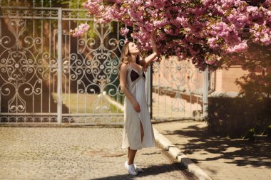 Bahar bahçesinde güzel bir genç kadın. Sakura 'nın yanındaki kız