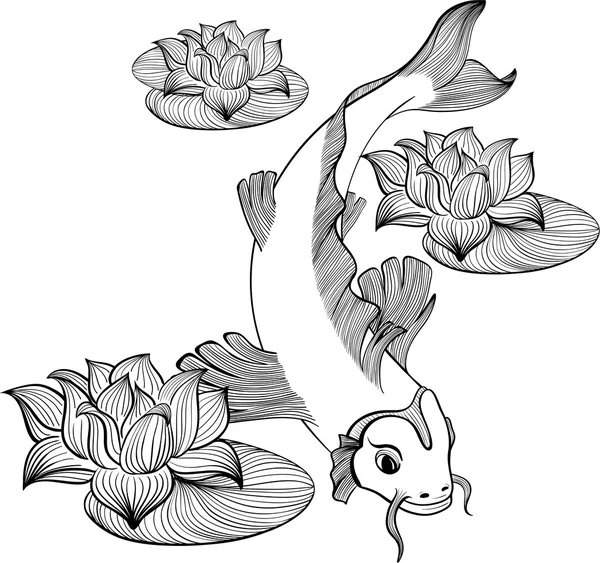 Koi-Fisch mit drei Blumen — Stockvektor