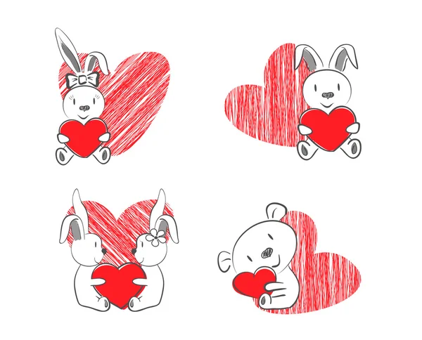 Valentine coelhos e urso com coração vermelho — Vetor de Stock