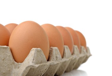 Yumurtalar beyaz arka planda yumurta panelinde.