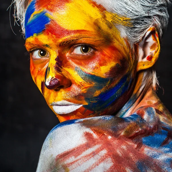 Human Canvas Girl face with Art body painting — Stock Photo, Image