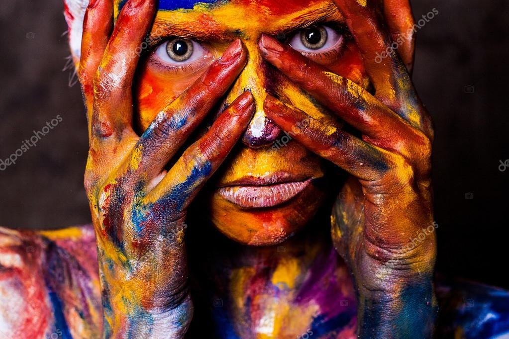 Canvas Girl Human face with Art body painting — Stock Photo