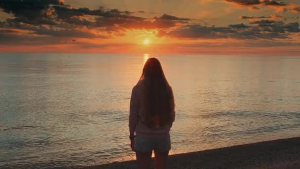 Admiring sunrise on seashore woman raising up her hands — Stock Video