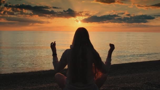 Vue arrière de la femme pratiquant le yoga en posture de méditation sur la plage — Video