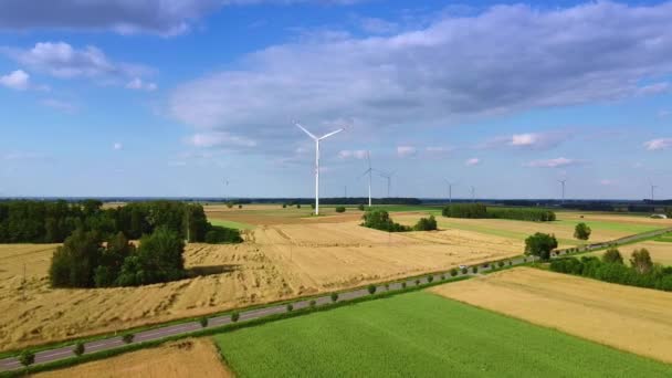 Big windmills from drone in summer — Stock Video