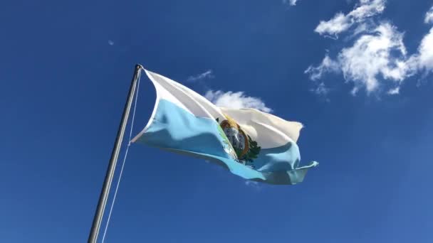 Bandera de San Marino ondeando en el viento con el cielo azul en el fondo — Vídeo de stock