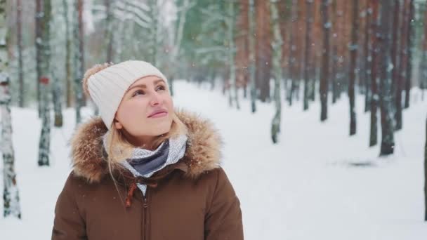 Sníh v lese: žena v zimním oblečení chůzi a obdivovat přírodu — Stock video