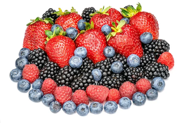 Fresh Berries Strawberries Raspberries Blackberries Blueberries Isolated White Background Heap — Photo