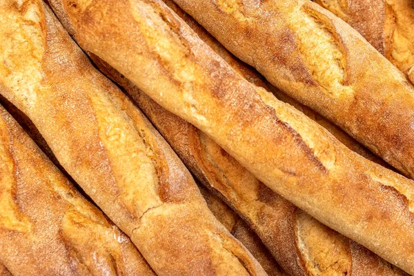Francouzské Bagety Pekárně Zblízka Selektivní Soustředění Čerstvý Chléb Bagety Pozadí — Stock fotografie