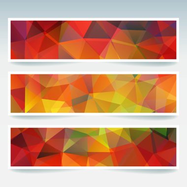 İş tasarım şablonları ile soyut başlık. Çokgen mozaik arka planlara sahip Afiş seti. Geometrik üçgen vektör illüstrasyon. Turuncu, sarı, kırmızı renkler.