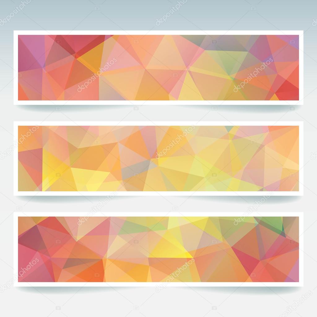 Set of banner templates with abstract background. Modern vector banners with polygonal background. Yellow, orange colors.