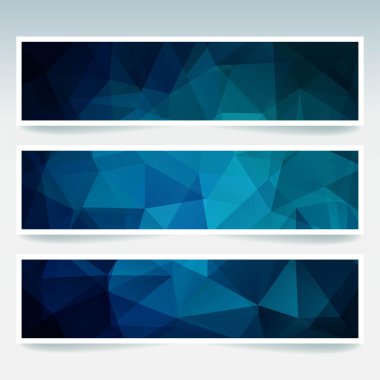 Soyut arka plana sahip banner şablonları kümesi. Mavi renk. Çokgen arka plana sahip modern vektör afişleri