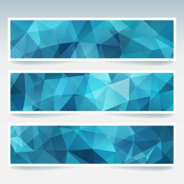 Çokgen üçgenler ile ayarlanmış yatay afişler. Çokgen arka plan, vektör illüstrasyon. Mavi renk.