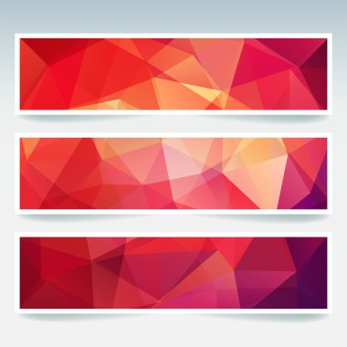 Vektör afiş çokgen soyut üçgenler ile ayarlayın. Soyut çokgen düşük poli afiş. Kırmızı, turuncu renkler. Sonbahar renkli.