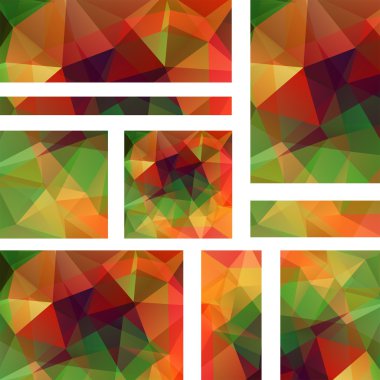 İş tasarım şablonları ile soyut başlık. Çokgen mozaik arka planlara sahip Afiş seti. Geometrik üçgen vektör illüstrasyon. Yeşil, kırmızı, turuncu renkler.