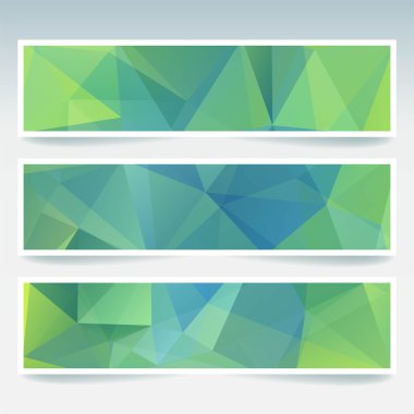 Yatay Banner poligonal üçgenler ile ayarlayın. Çokgen arka plan, vektör çizim. Yeşil, mavi renklerini.