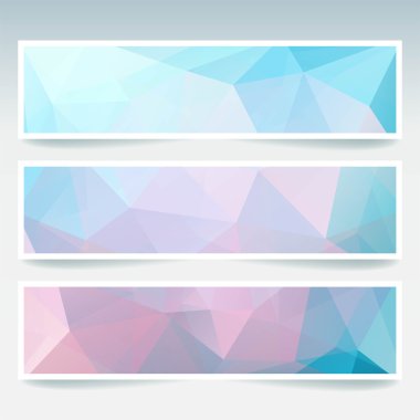 Vektör afiş çokgen soyut üçgenler ile ayarlayın. Soyut çokgen düşük poli afiş. Pastel pembe, mavi renkler.