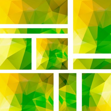 Soyut arka plana sahip banner şablonları kümesi. Çokgen arka plan, Yeşil, sarı renkler ile modern vektör afiş.