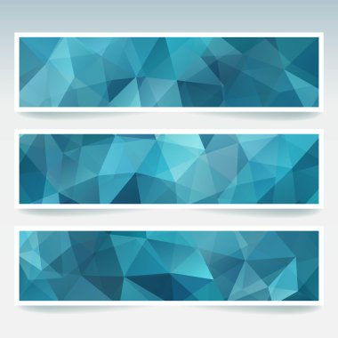 Çokgen üçgenler ile ayarlanmış yatay afişler. Çokgen arka plan, vektör illüstrasyon. Mavi renk.