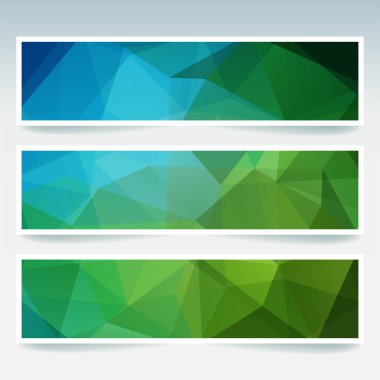 İş tasarım şablonları ile soyut banner. Afiş kümesi poligonal mozaik arka planlar ile. Geometrik üçgen vektör çizim. Yeşil, mavi renklerini.
