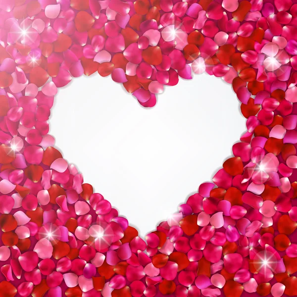 Форма сердца розовых лепестков роз на сером фоне, векторная иллюстрация День святого Валентина с красивыми лепестками роз — стоковый вектор