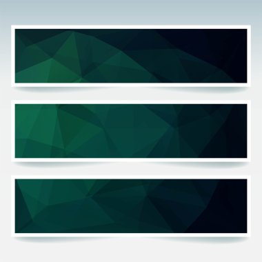 Çokgen üçgenler ile ayarlanmış yatay afişler. Çokgen arka plan, vektör illüstrasyon. Koyu yeşil, mavi renkler.
