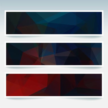 İş tasarım şablonları ile soyut başlık. Çokgen mozaik arka planlara sahip Afiş seti. Geometrik üçgen vektör illüstrasyon. Kırmızı, mavi, siyah renkler.