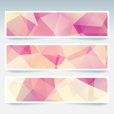 İş tasarım şablonları ile soyut başlık. Çokgen mozaik arka planlara sahip Afiş seti. Geometrik üçgen vektör illüstrasyon. Pembe, sarı renkler.