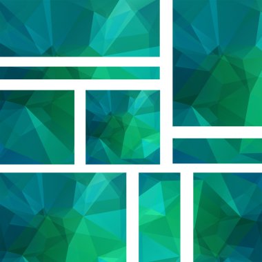 İş tasarım şablonları ile soyut banner. Afiş kümesi poligonal mozaik arka planlar ile. Geometrik üçgen vektör çizim. Yeşil, mavi renklerini.