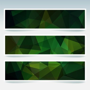Soyut arka plana sahip banner şablonları kümesi. Çokgen arka planile modern vektör afiş. Koyu yeşil renk.