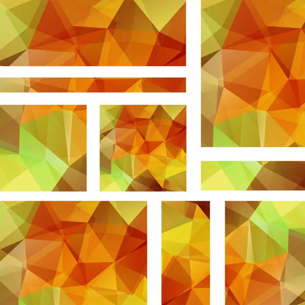 Αφηρημένο πανό με πρότυπα επιχειρηματικής σχεδίασης. Σετ Μπάνερ με πολυγωνικά φόντα μωσαϊκού. Γεωμετρία τριγωνικού διανύσματος. Πορτοκαλί, κόκκινα, πράσινα χρώματα. — Διανυσματικό Αρχείο