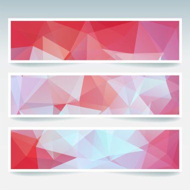 İş tasarım şablonları ile soyut başlık. Çokgen mozaik arka planlara sahip Afiş seti. Geometrik üçgen vektör illüstrasyon. Mavi, kırmızı, turuncu, kahverengi renkler.
