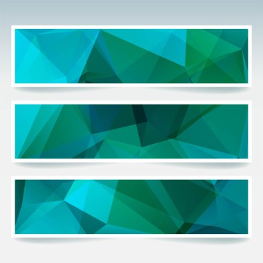 Arka plan afiş şablonlar kümesi. Modern vektör afiş poligonal arka plan ile. Mavi, yeşil renkleri.
