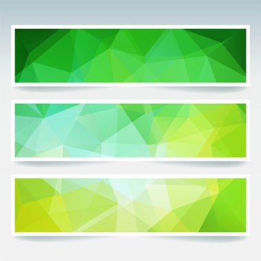 İş tasarım şablonları ile soyut banner. Afiş kümesi poligonal mozaik arka planlar ile. Geometrik üçgen vektör çizim. Yeşil, sarı renkler.
