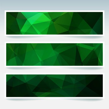 Soyut arka plana sahip banner şablonları kümesi. Çokgen arka planile modern vektör afiş. Koyu yeşil renk.