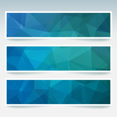Çokgen üçgenler ile ayarlanmış yatay afişler. Çokgen arka plan, vektör illüstrasyon. Mavi renk.