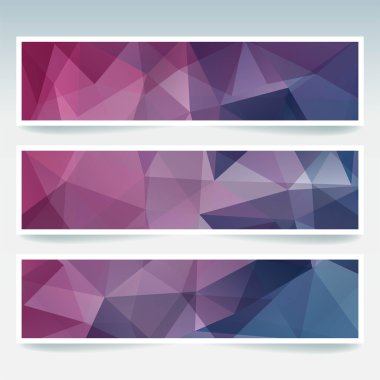 Vektör afiş çokgen soyut üçgenler ile ayarlayın. Soyut çokgen düşük poli afiş. Pembe, mavi, mor renkler.