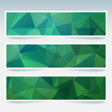 İş tasarım şablonları ile soyut banner. Afiş kümesi poligonal mozaik arka planlar ile. Geometrik üçgen vektör çizim. Yeşil, mavi renklerini.