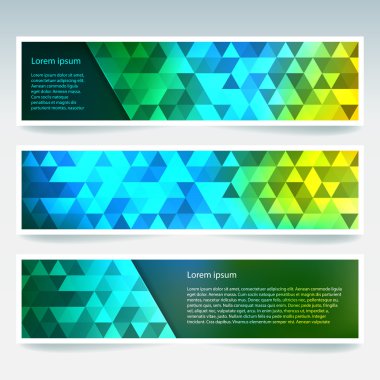 İş tasarım şablonları ile soyut başlık. Çokgen mozaik arka planlara sahip Afiş seti. Geometrik üçgen vektör illüstrasyon. Sarı, yeşil, mavi renkler.