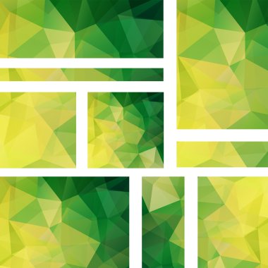 Vektör afiş çokgen soyut üçgenler ile ayarlayın. Soyut çokgen düşük poli afiş. Yeşil afişler. Yeşil, sarı renkler.