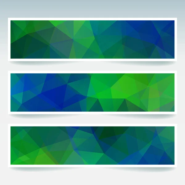 Banderas vectoriales con triángulos abstractos poligonales. Banderas poligonales abstractas de polietileno bajo. Verde, colores azules . — Archivo Imágenes Vectoriales