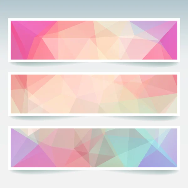 Vector banners set with polygonal abstract triangles. Abstract polygonal low poly banners. Pastel colorful. — Stock Vector