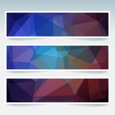 Soyut arka plana sahip banner şablonları kümesi. Çokgen arka planile modern vektör afiş. Mavi, kahverengi renkler.
