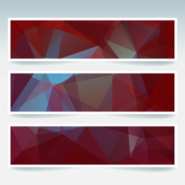 Soyut arka plana sahip banner şablonları kümesi. Çokgen arka planile modern vektör afiş. Kahverengi, mavi renkler.