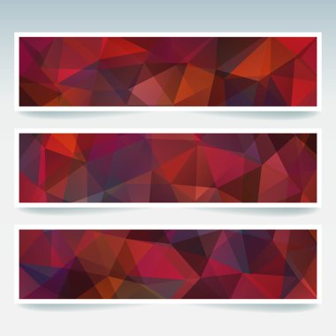 İş tasarım şablonları ile soyut başlık. Çokgen mozaik arka planlara sahip Afiş seti. Geometrik üçgen vektör illüstrasyon. Kırmızı, kahverengi renkler. Sonbahar arka planı