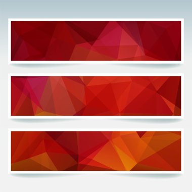 Vektör kümesi poligonal soyut üçgenler ile afiş. Poligonal düşük Poli afiş soyut. Kırmızı, turuncu renkler.