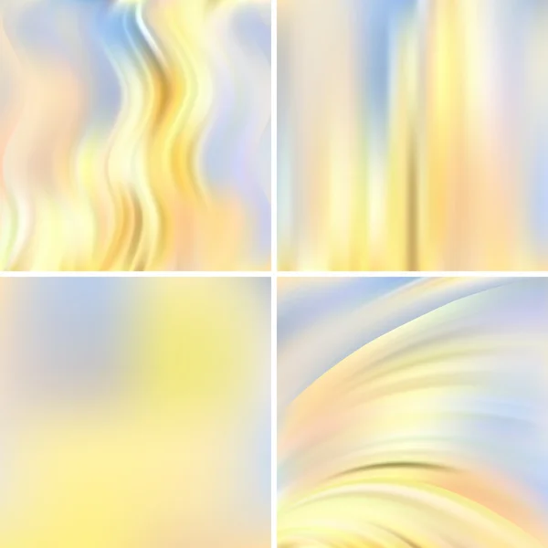 Set di quattro sfondi quadrati. Illustrazione astratta vettoriale di sfondo colorato con linee di luce sfocata. Linee curve. Colori giallo pastello, blu, bianco . — Vettoriale Stock