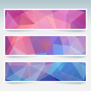 İş tasarım şablonları ile soyut başlık. Çokgen mozaik arka planlara sahip Afiş seti. Geometrik üçgen vektör illüstrasyon. Pembe, mavi renkler.